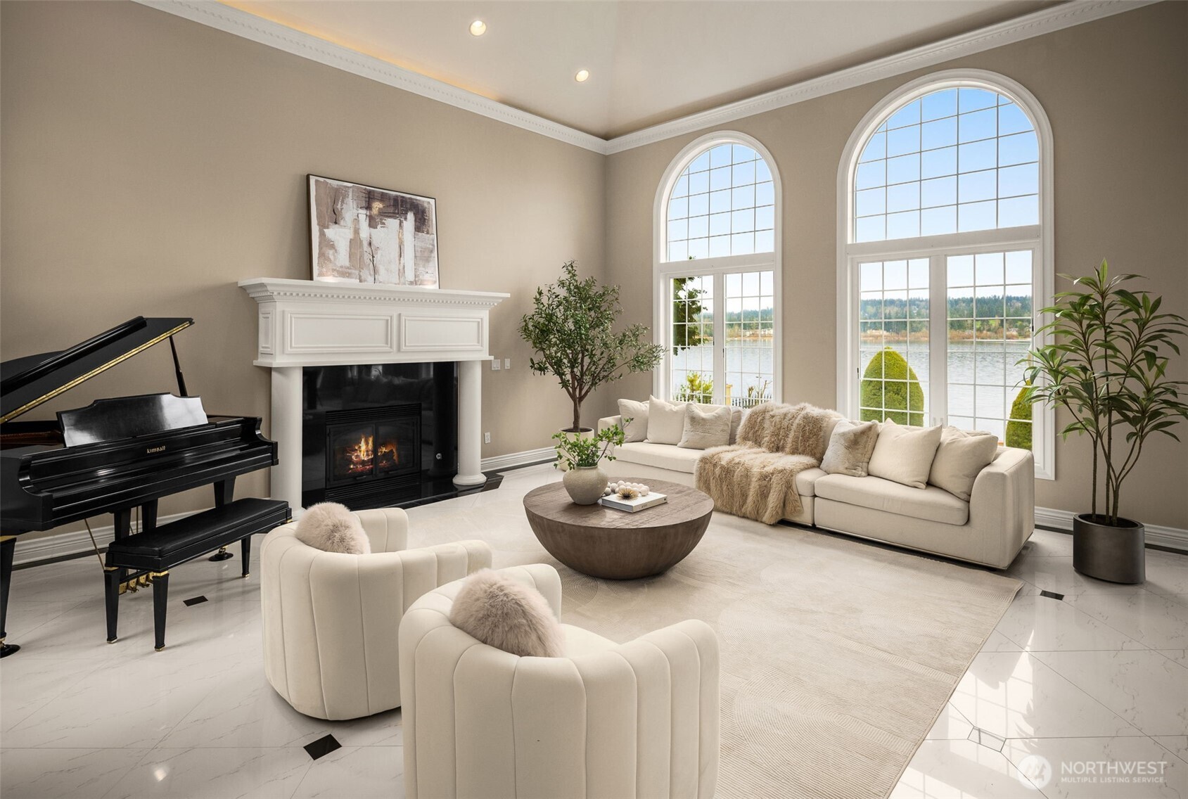 Refined living and you can make this your music salon with arched windows overlooking Lake Washington.