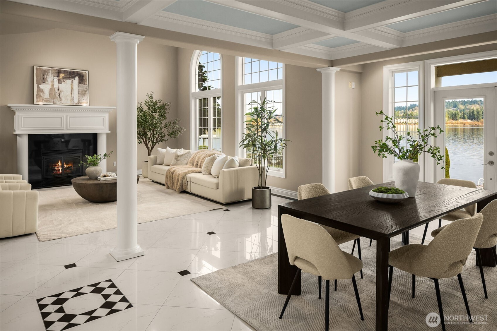 Grand living and dining spaces framed by columns, coffered ceilings, and lake views.