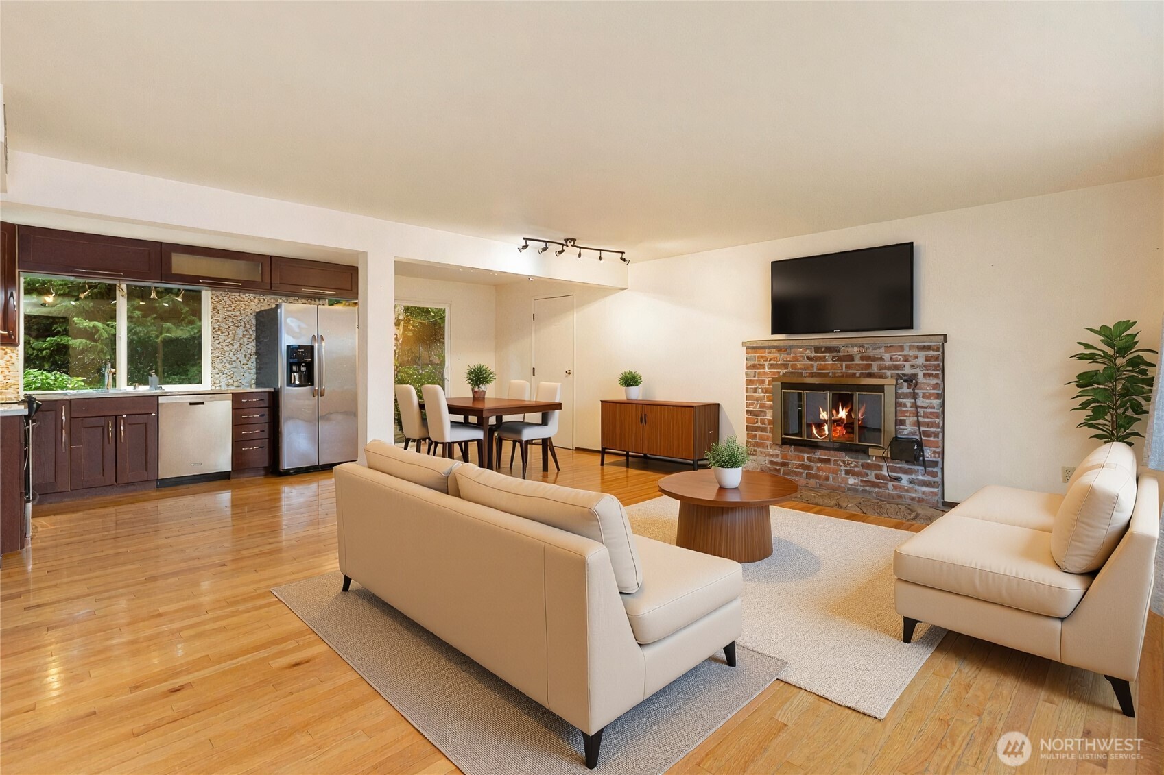 Virtually staged living and dining room