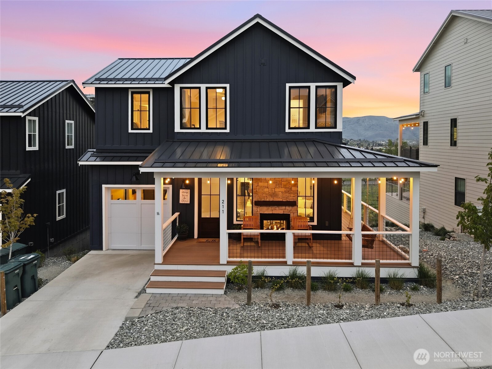 Exterior twilight view.