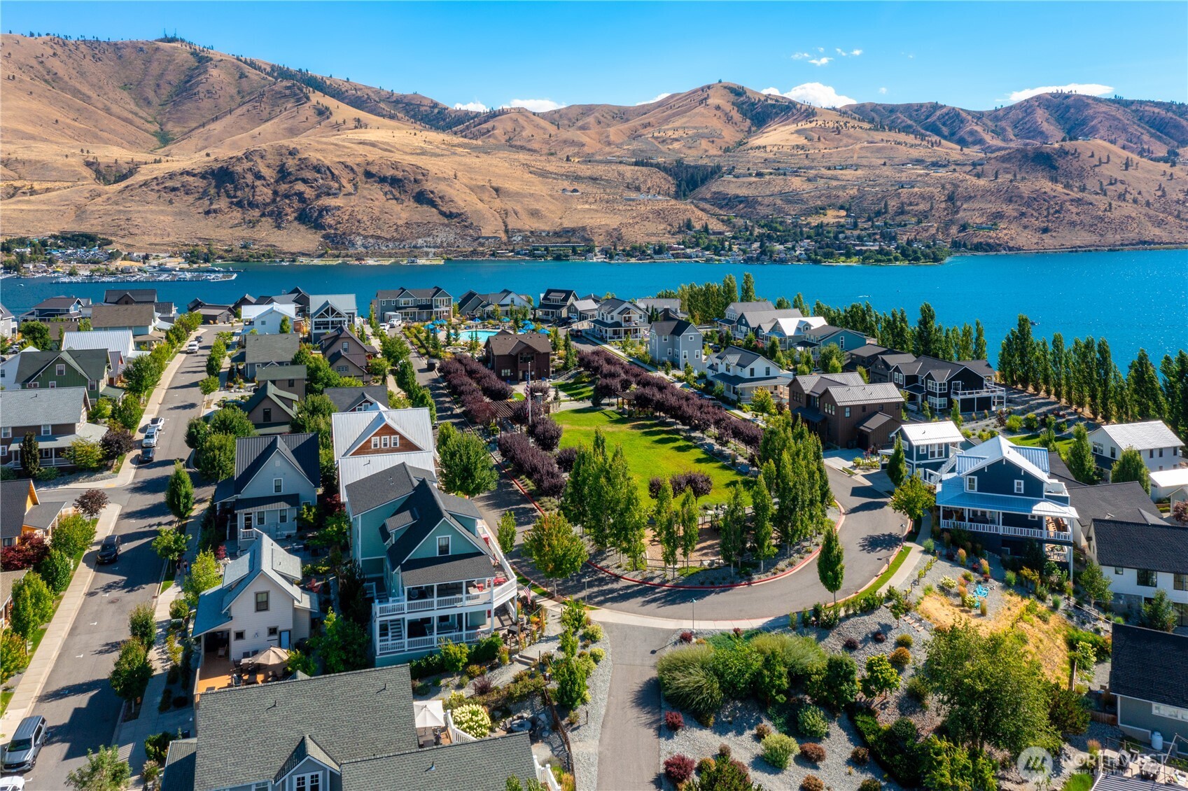Aerial view of The Lookout's Hilltop Park and Pool looking south.