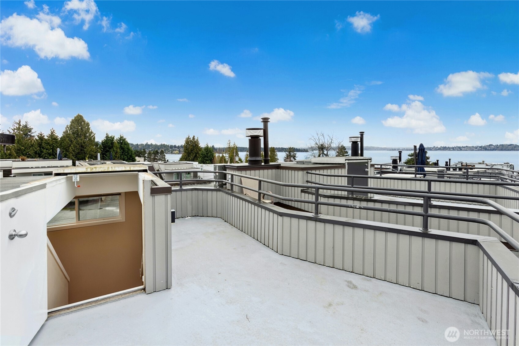 The roof top deck has lake, city and mountain views! The half door leads to the hardwood stairs and the upper level.