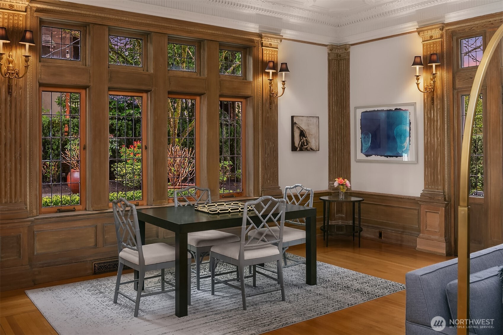 One more photo in the living room. Note the leaded glass windows.