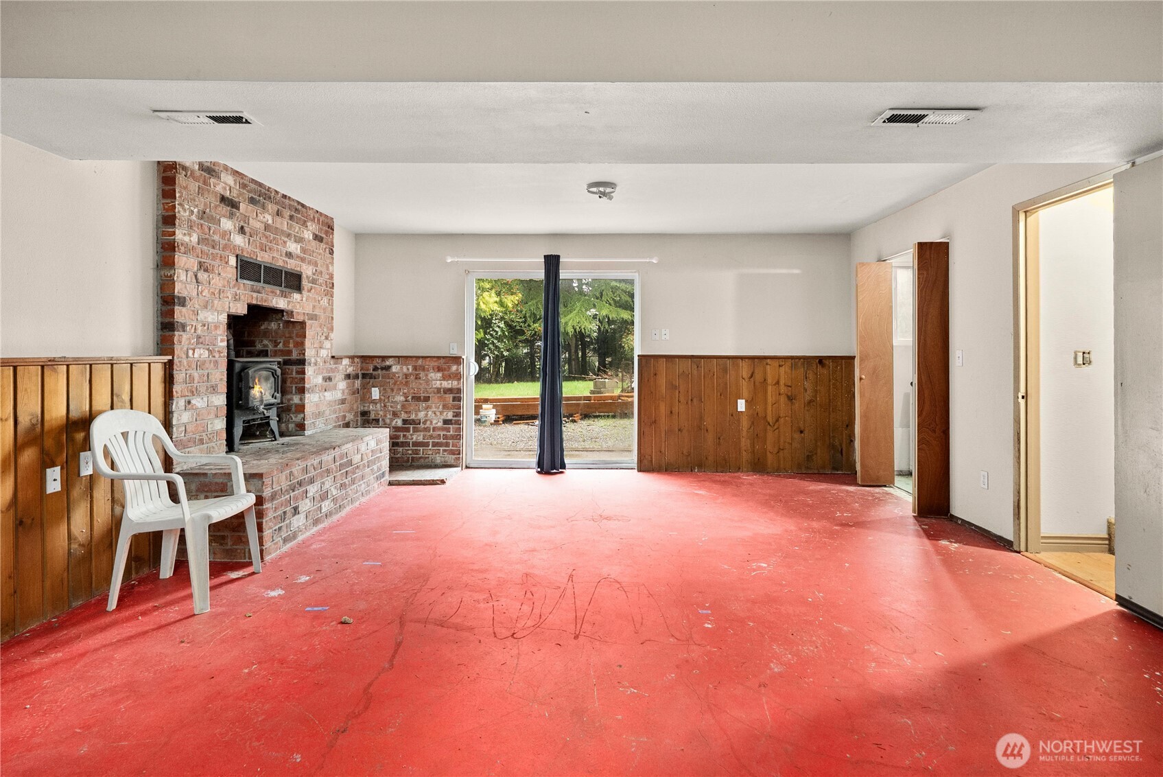 Daylight lower level with wood stove