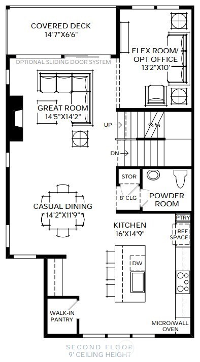 Second floor with main living areas and multi-slide stacked door opening to covered patio and fenced backyard.
