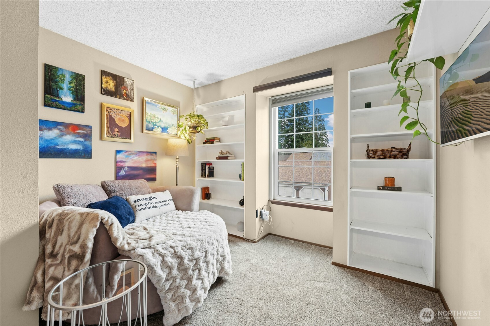 2nd bedroom upstairs; multiple use room-reading, office, bedroom. Built-in shelving.