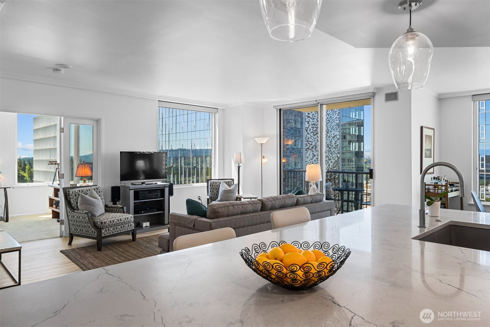 Elegant downtown Bellevue condo living room designed for comfort and entertaining.