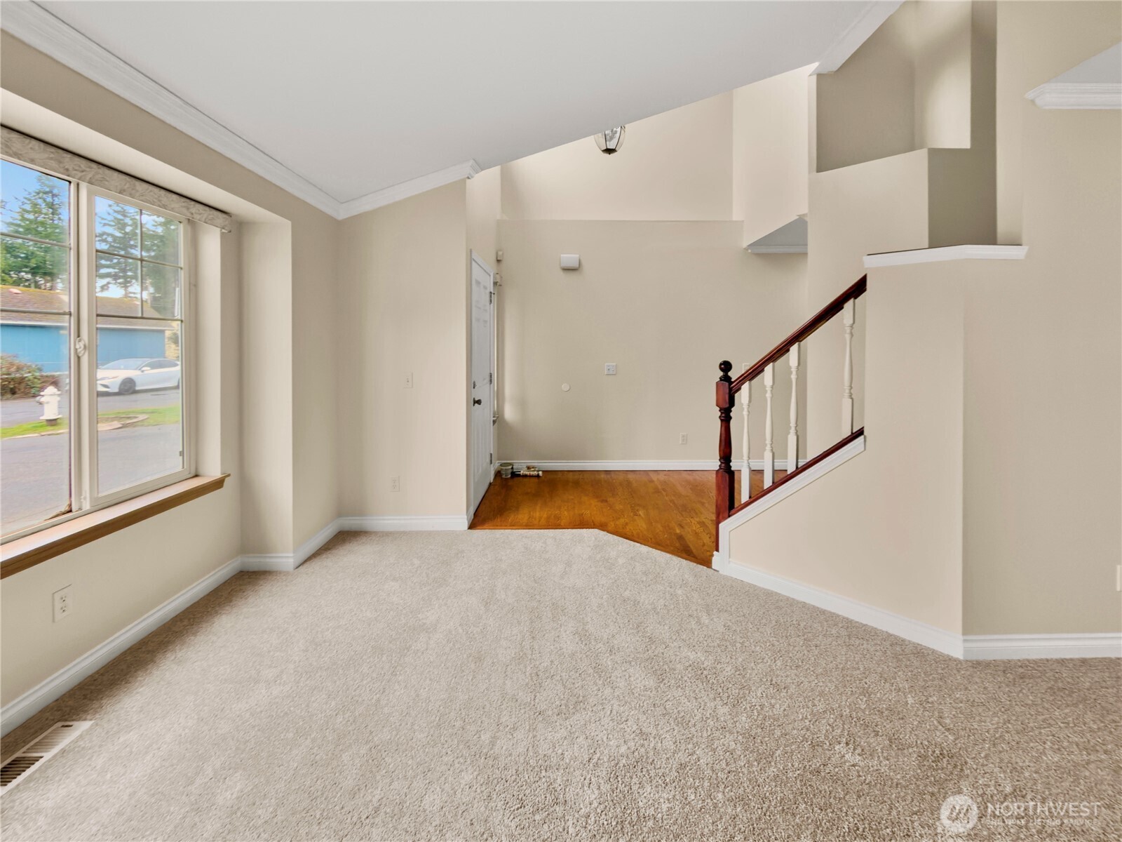 Vaulted ceilings create an open, airy atmosphere.