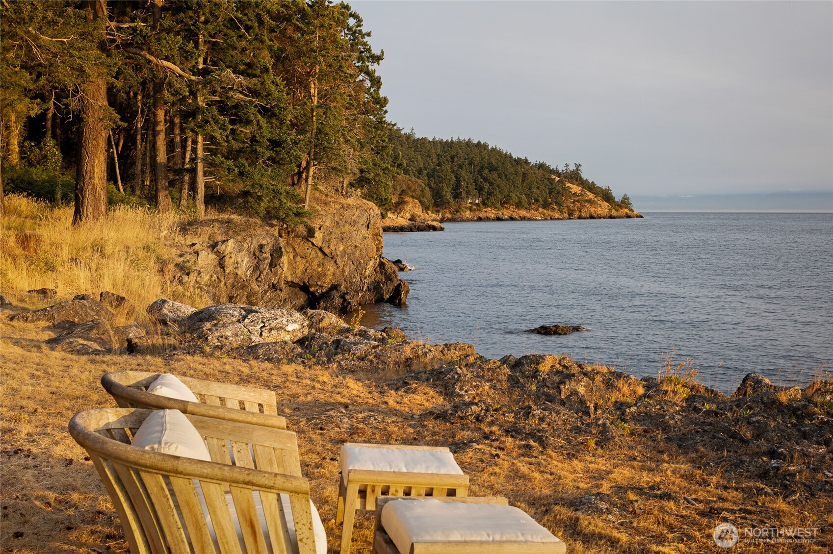 Relax along the shoreline where comfortable seating invites quiet moments overlooking Haro Strait, with opportunities to watch passing whales, boats, and unforgettable west side sunsets.