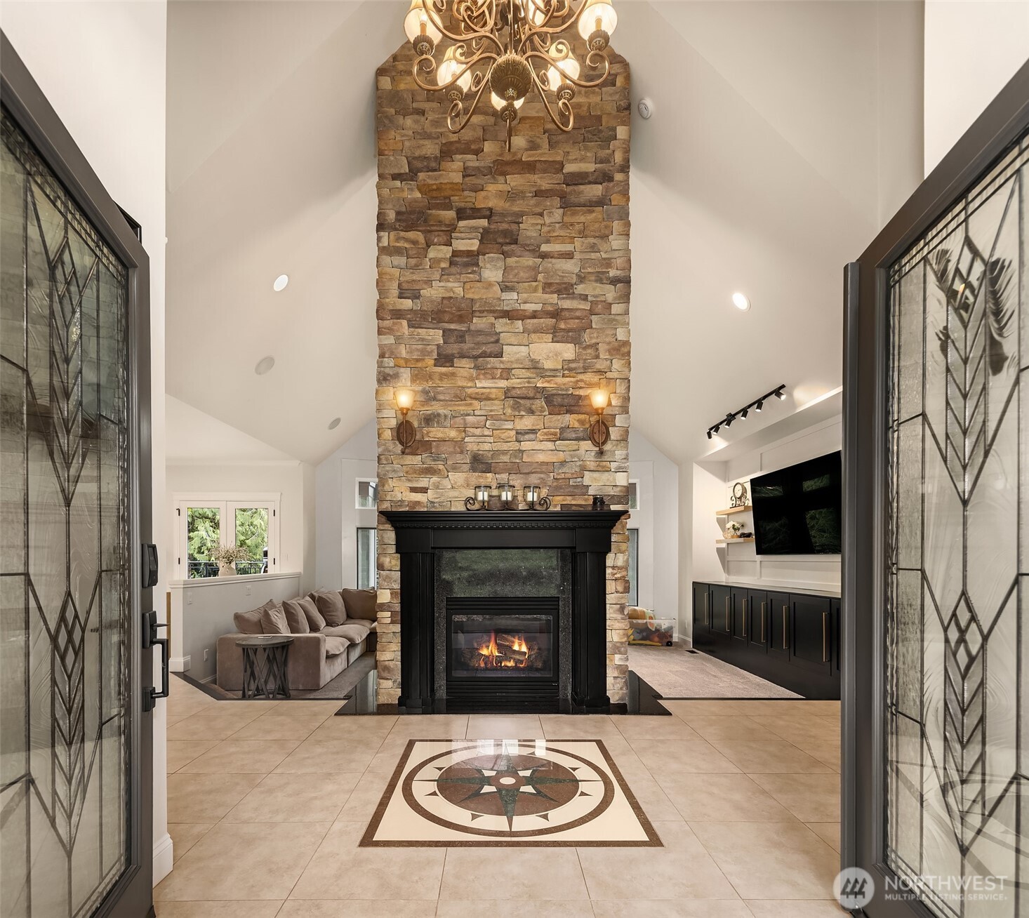 Vaulted ceilings with Unique curved window wall