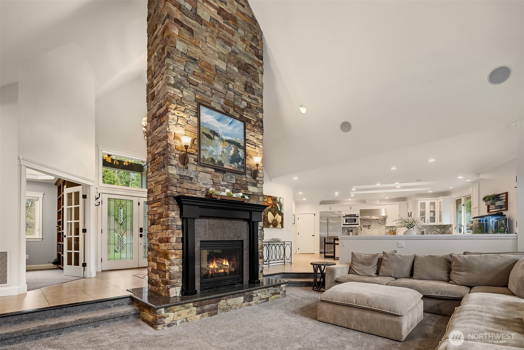 18ft stone clade gas fireplace.