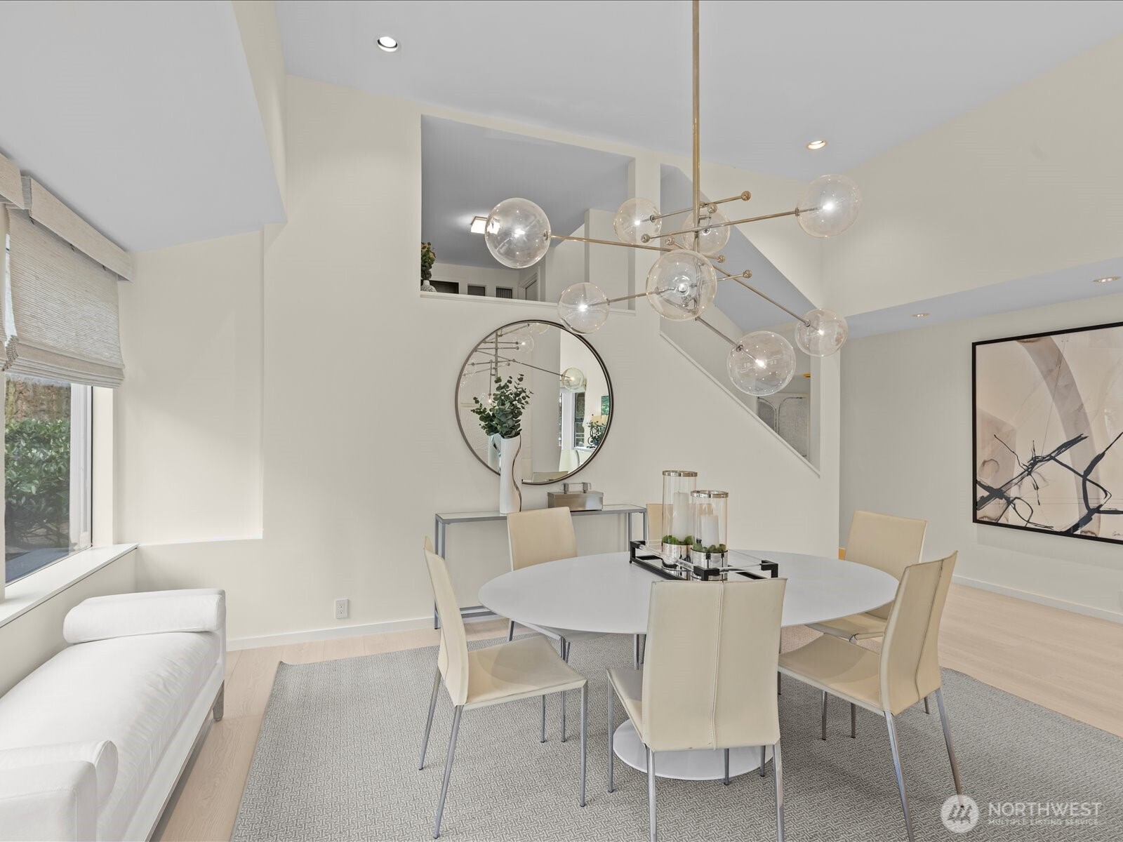 An elegant dining space designed for entertaining, comfortably seating ten for dinner parties.