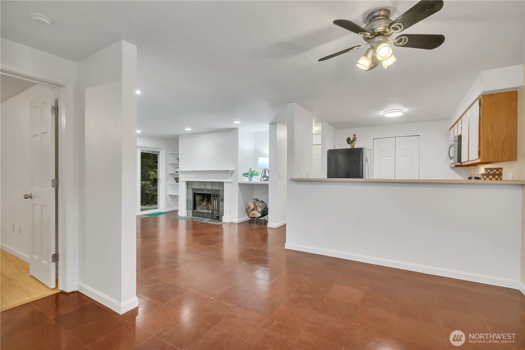 One bedroom on the left, and large open living and kitchen space