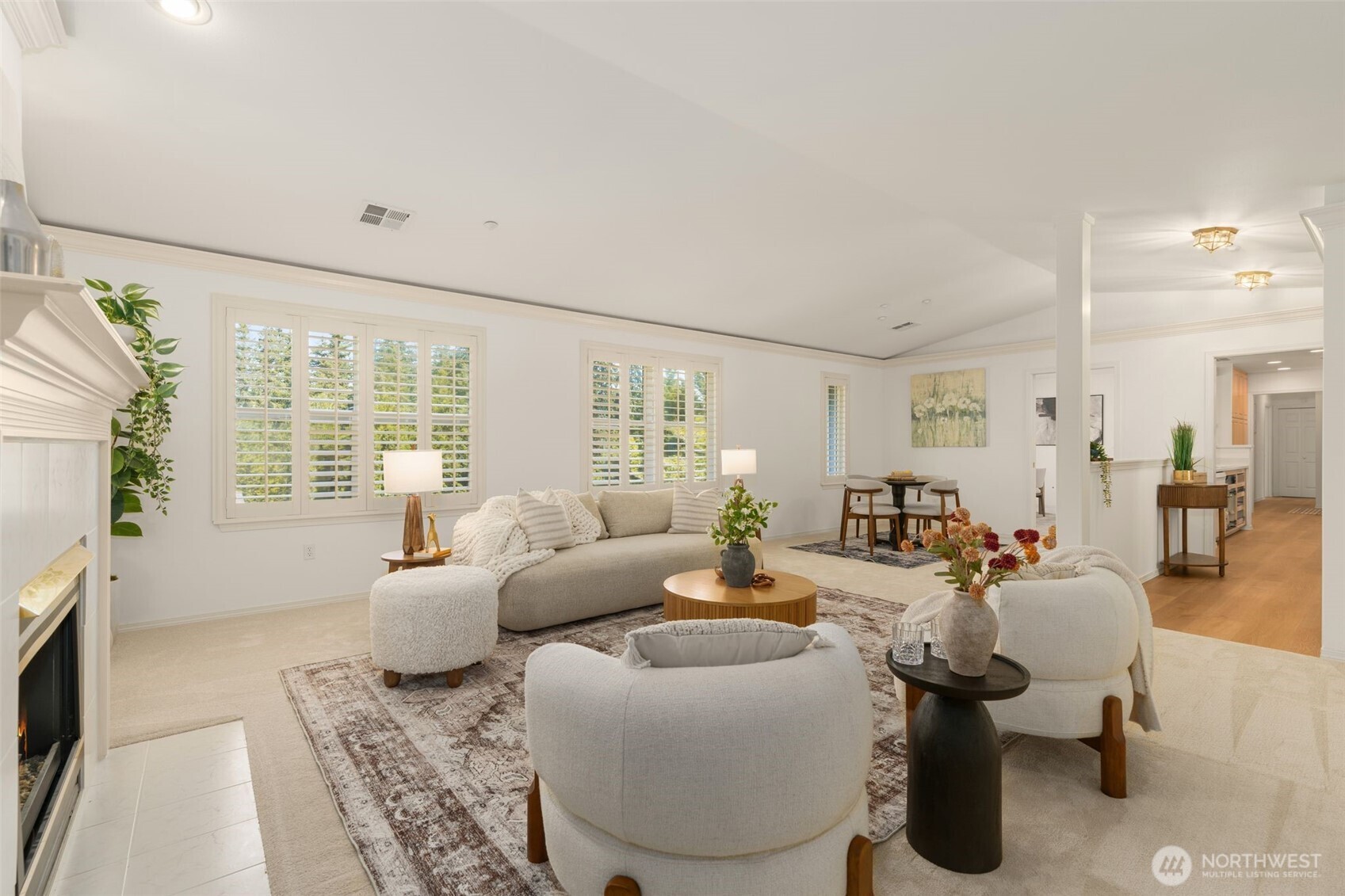 Spacious living room with fireplace