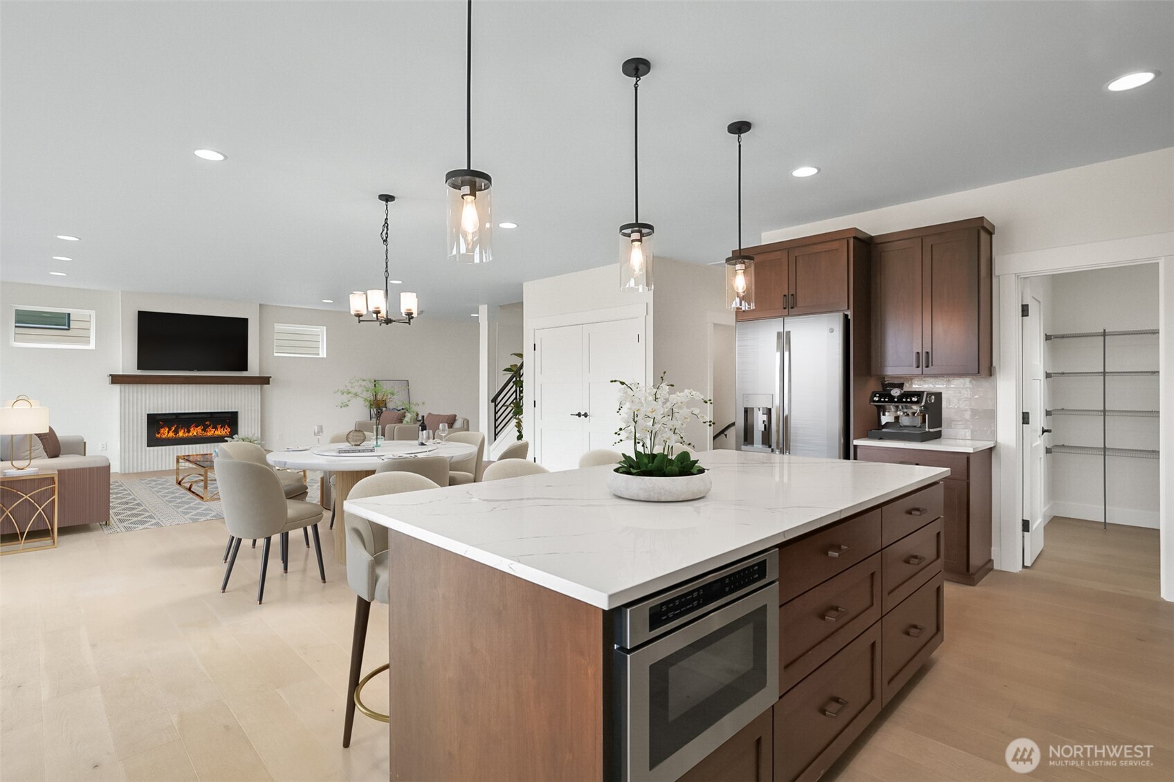 Virtually staged kitchen. Large walk in pantry.