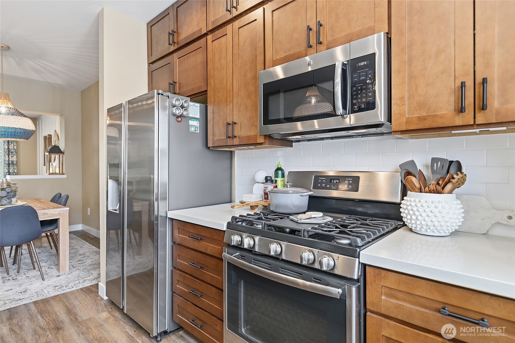 Stainless steel gas range, refrigerator, microwave