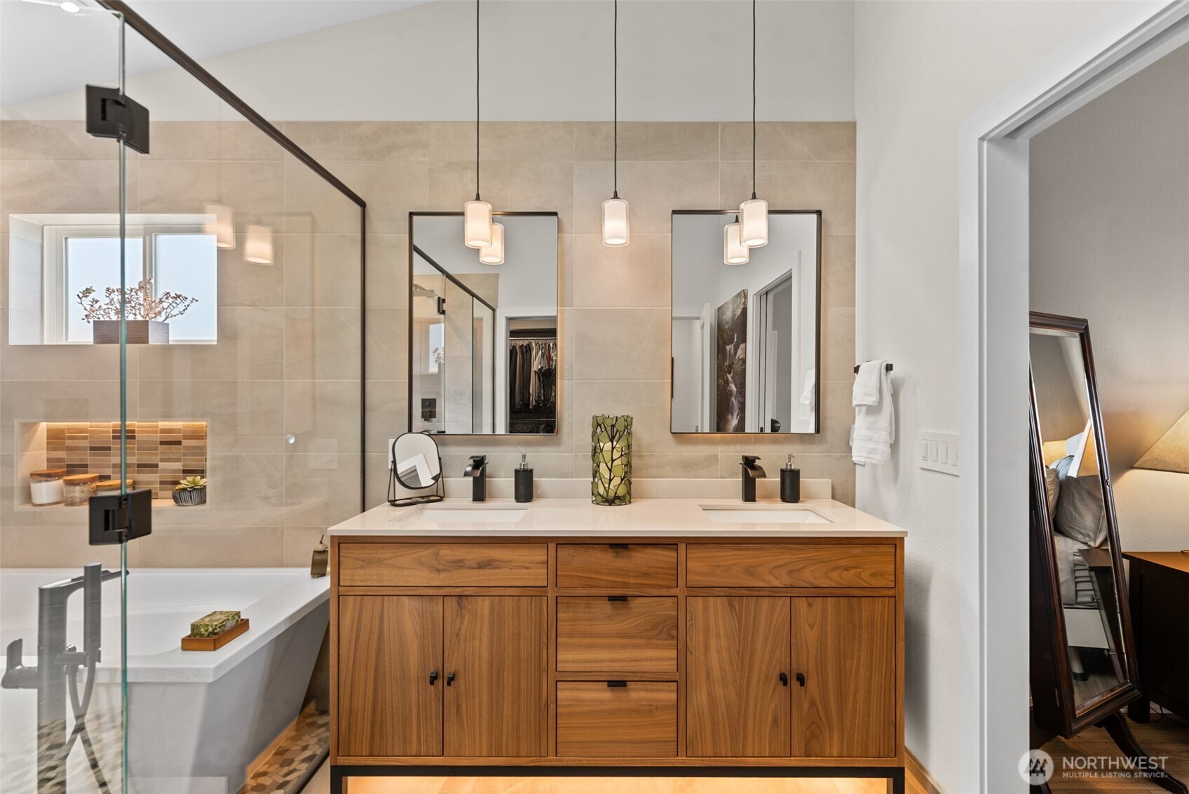 Spa-like primary bathroom designed for a serene, zen-inspired feel with a calming atmosphere.