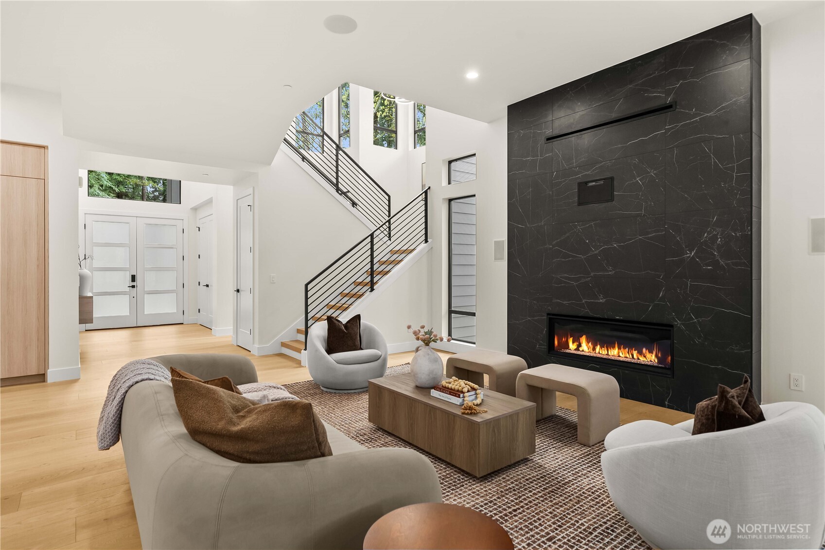 Open-concept great room with 11-foot ceilings