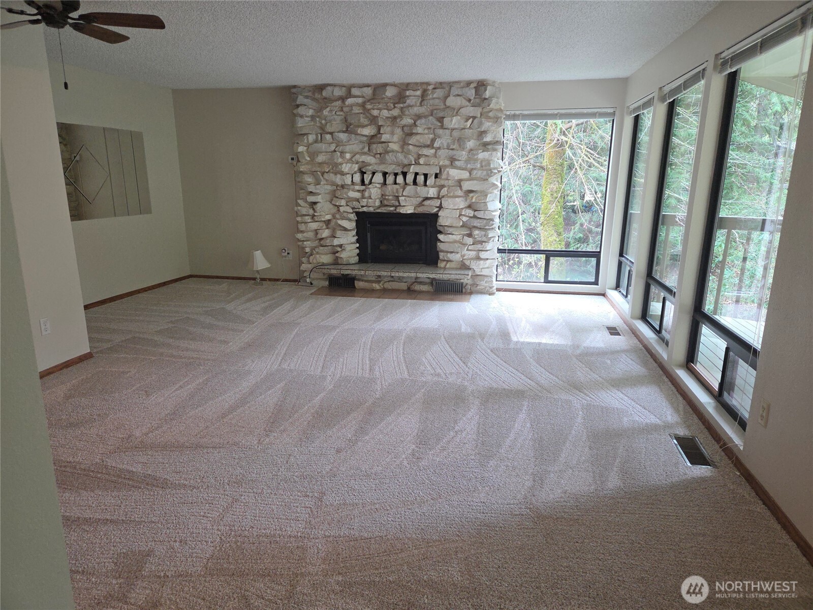 Large living room with gas fireplace