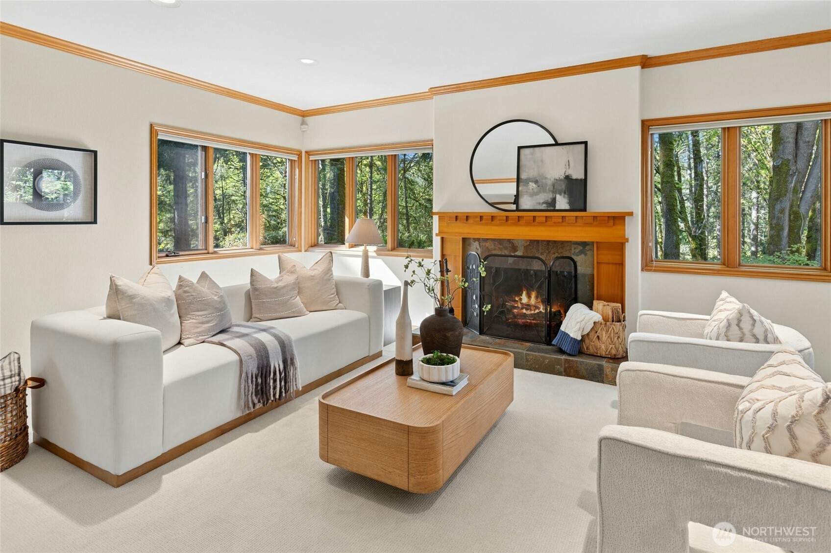 Wood fireplace with gas start.
