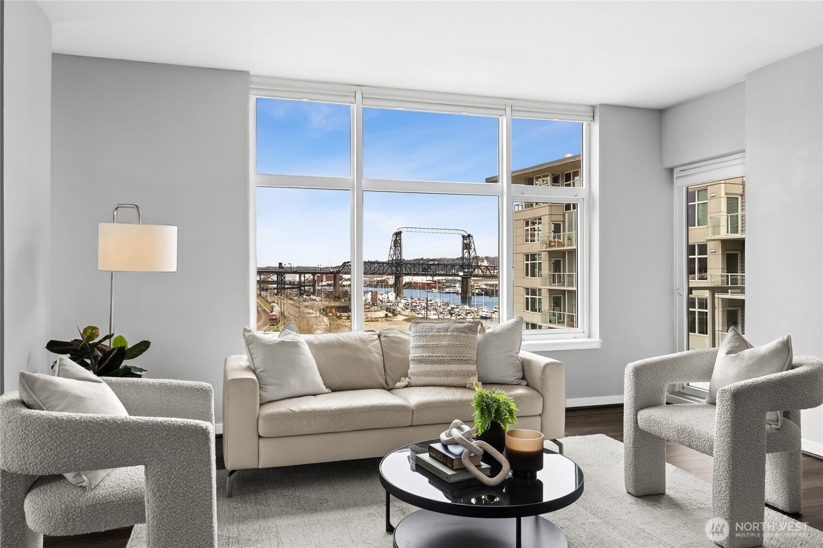 The 11th Street Bridge and the marina are beautifully displayed from your 7th floor living room window.