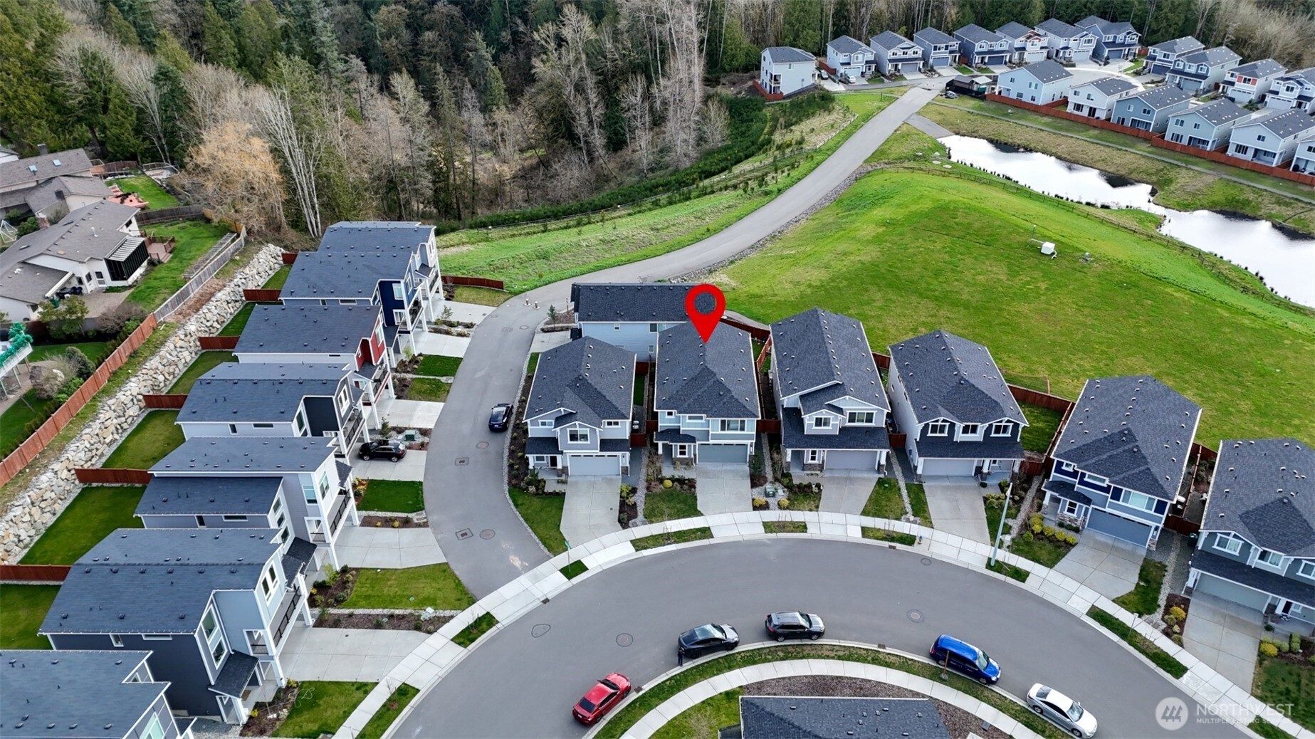 Aerial view of the beautiful Alpine Estate neighborhood and surrounding greenery.