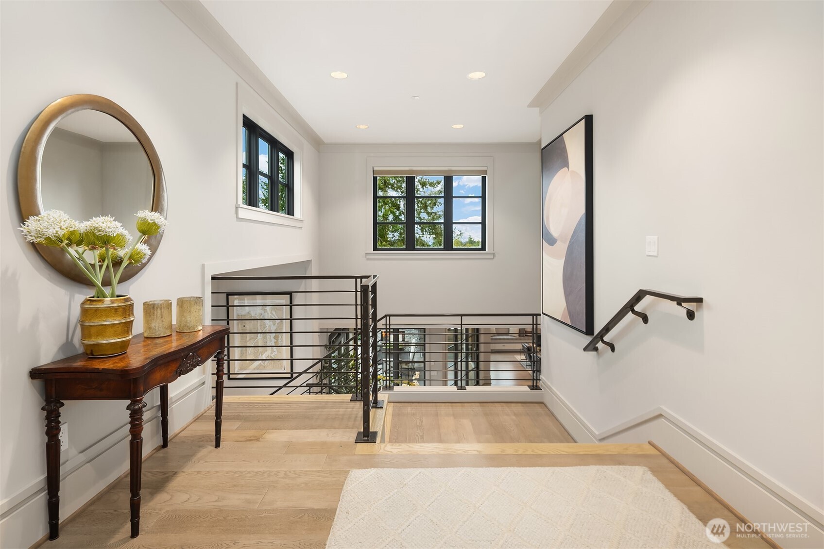 Ascend to the second floor landing.