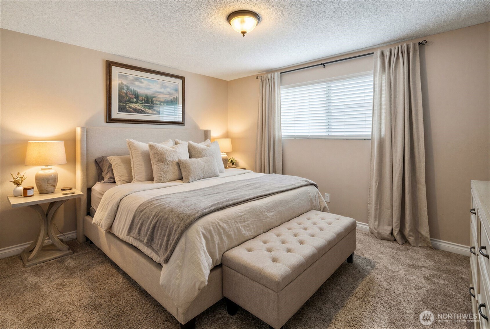 Virtually staged primary bedroom view 1