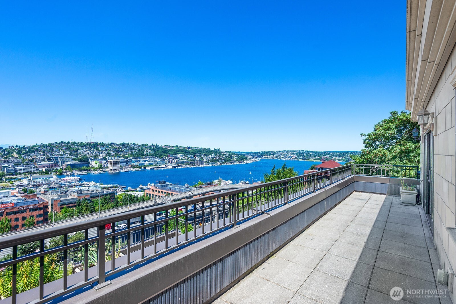 Facing northwest over Lake Union from the private patio.