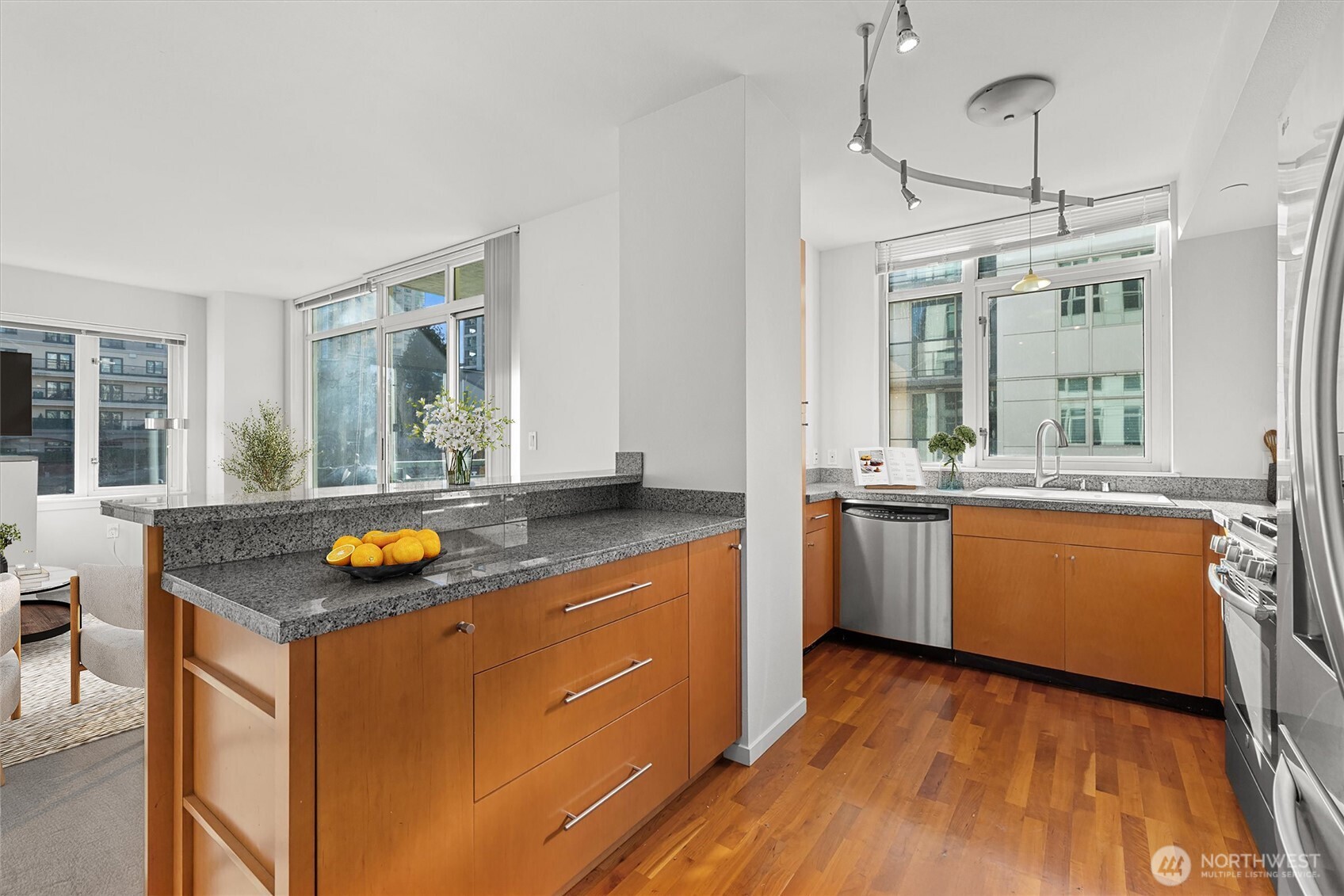 Kitchen with eating space (virtually staged)