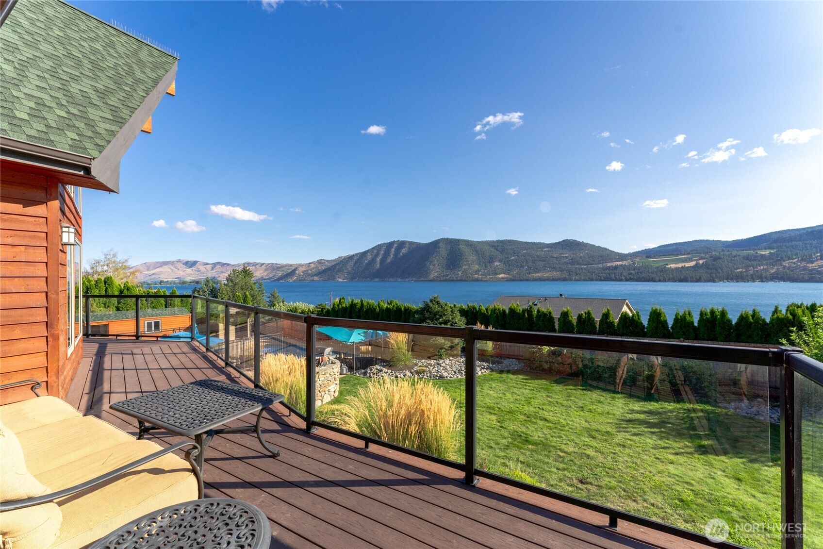 View of main level lake view deck overlooking Lake Chelan.