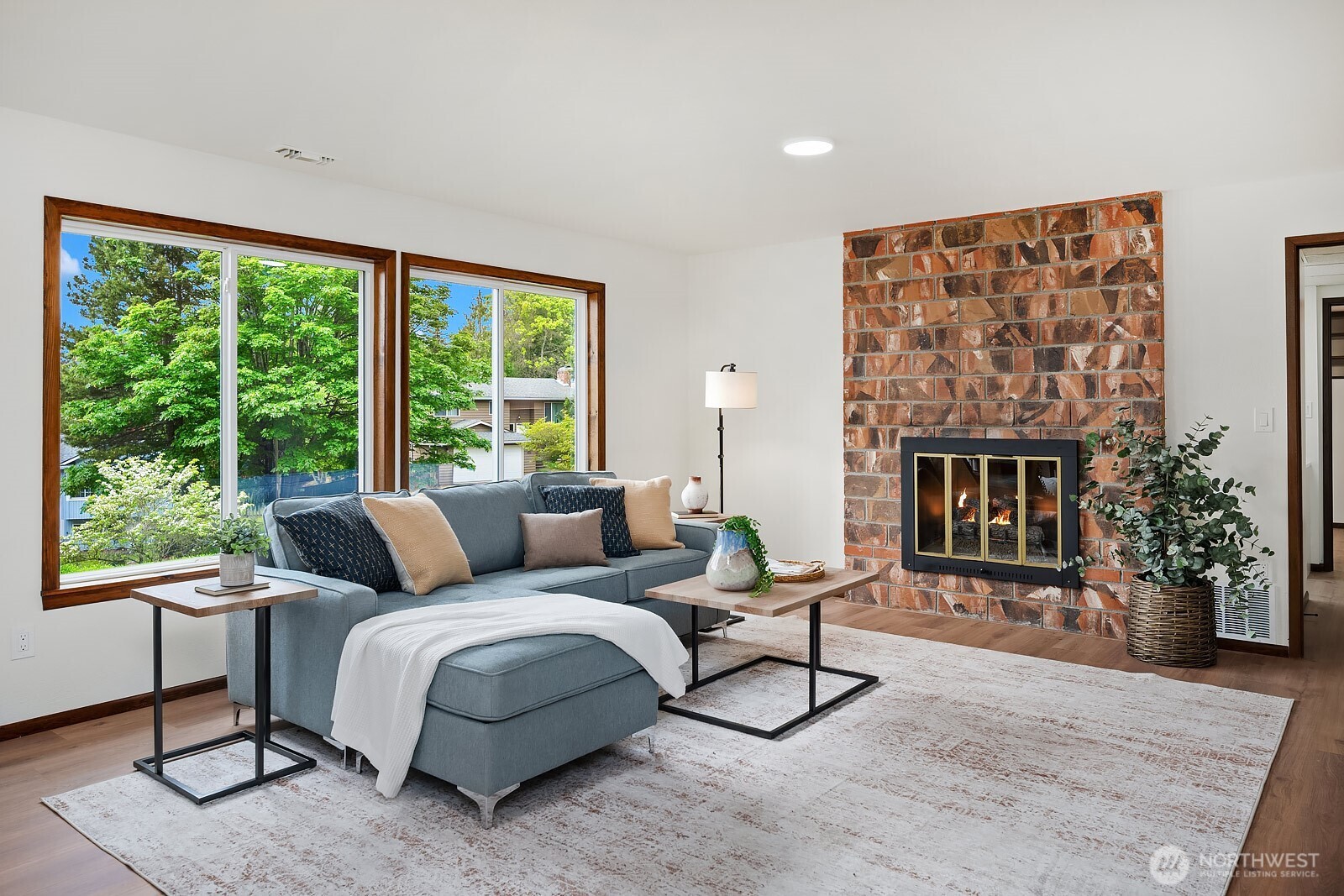 Family room with cozy gas fireplace.