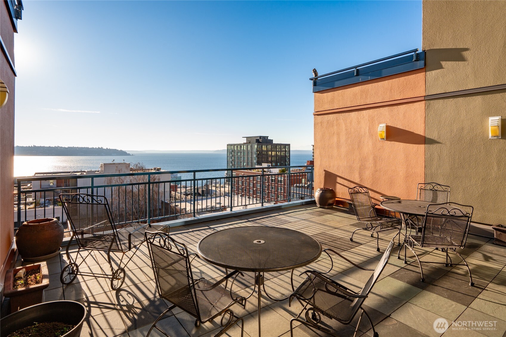 The rooftop deck offers year-round panoramic views of Elliott Bay and the Olympic Mountains.