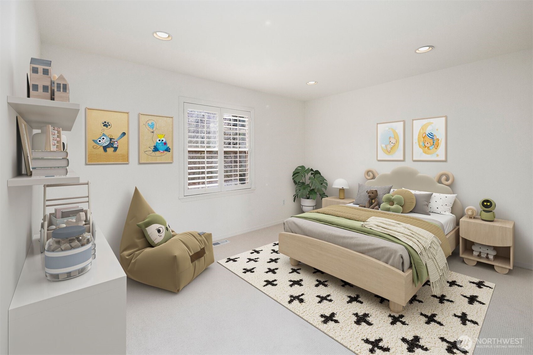 Virtually staged guest bedroom.