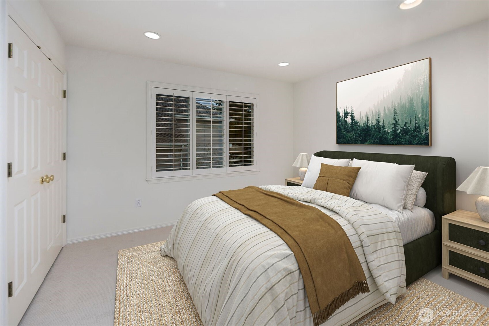 Virtually staged guest bedroom.