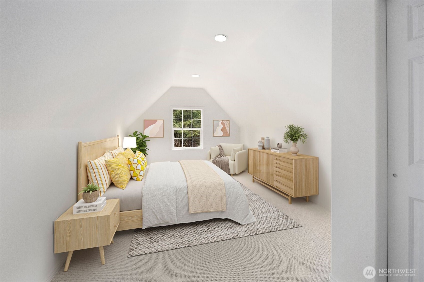 Virtually staged guest bedroom.