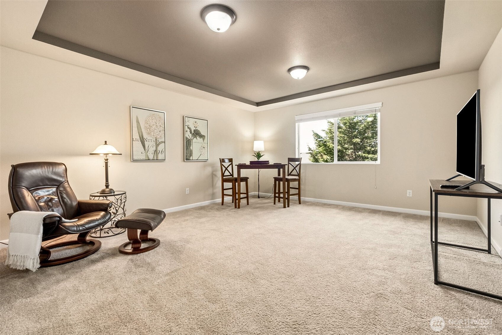 Expansive upstairs bonus room or 4th bedroom with coffered ceiling—perfect for a media room, office, or guest space.