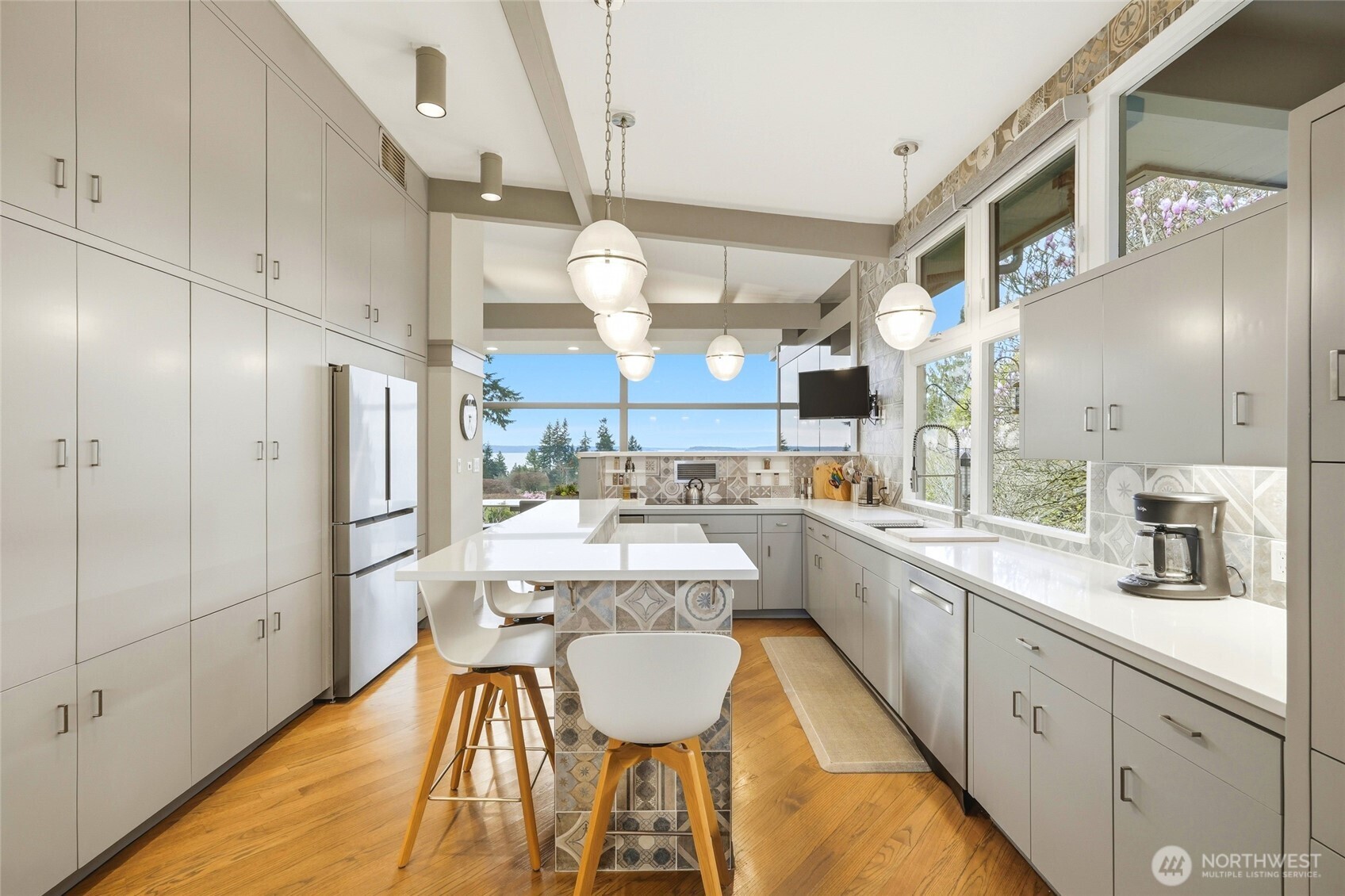 Completely remodeled kitchen looking toward dining room.