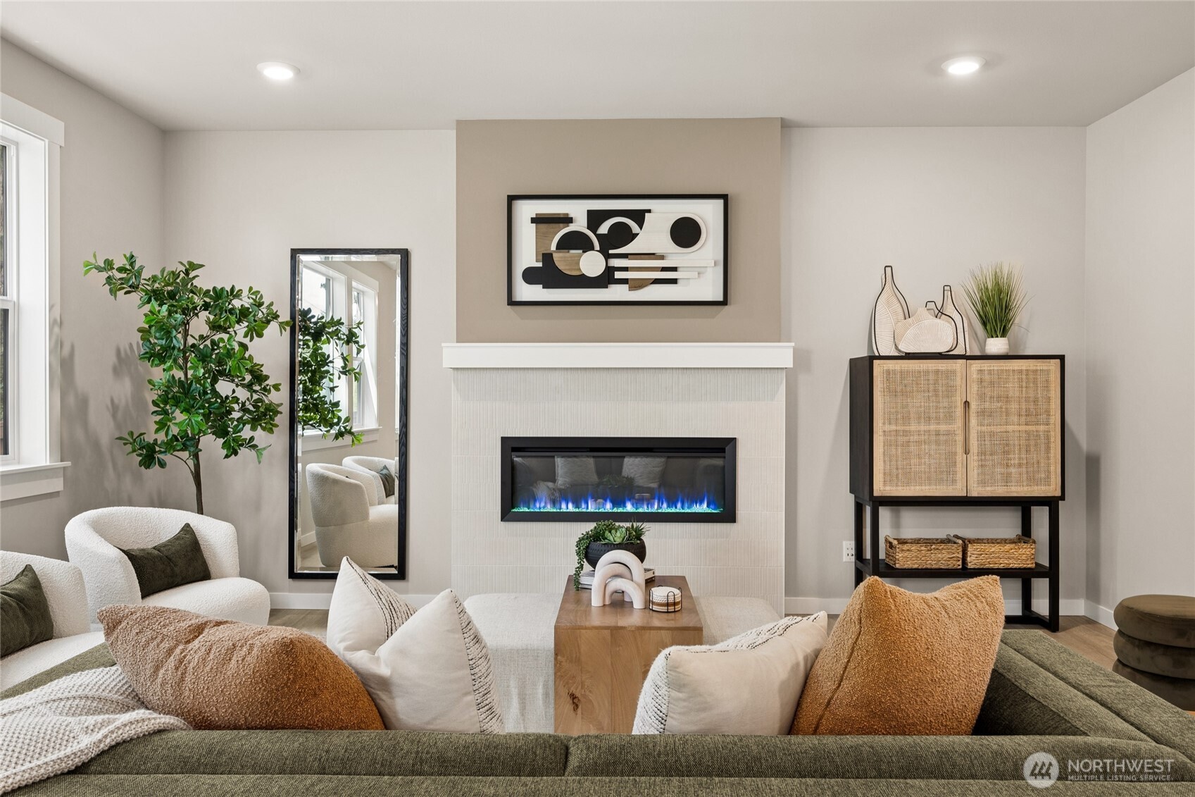 Comfortable gathering space with a clean, modern focal point.