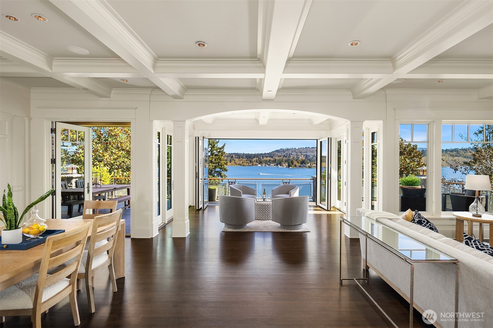 Revel in the box beam ceilings giving the space its rich, tailored character.