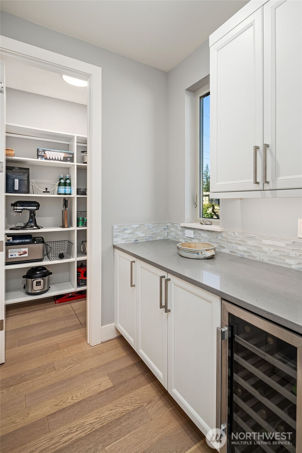 Walk-in panrty, Butler's panrty with beverage frig off the kitchen