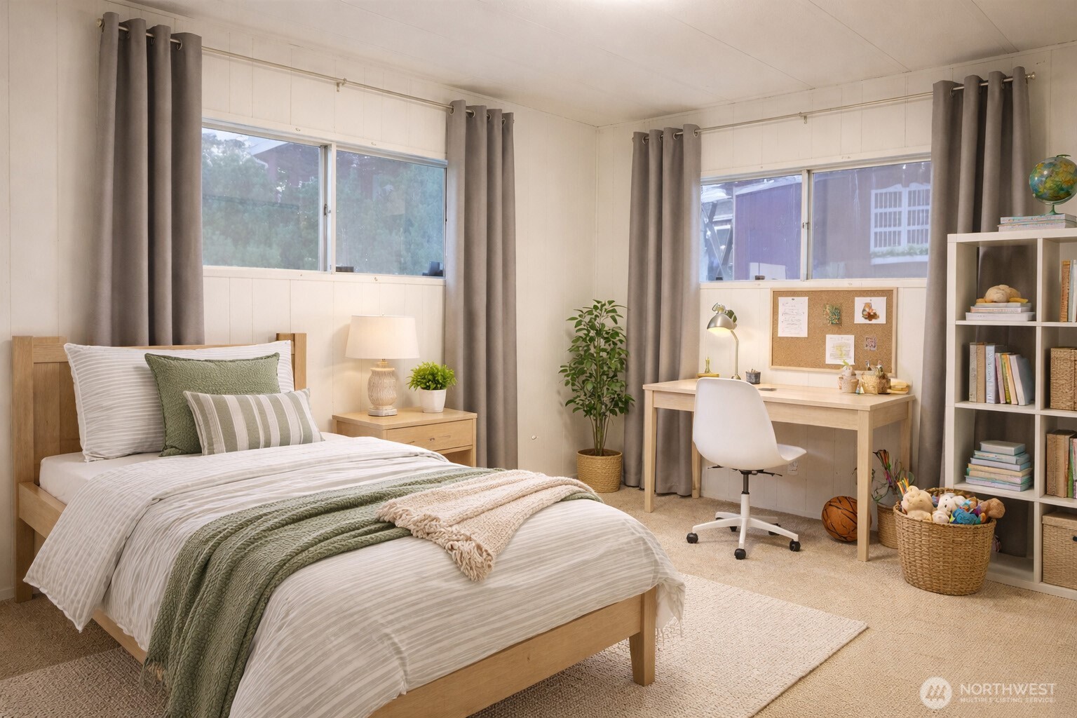 Bedroom two offers partial lake views, carpeting and closet with a spacious closet for ample storage.   VIRTUALLY STAGED