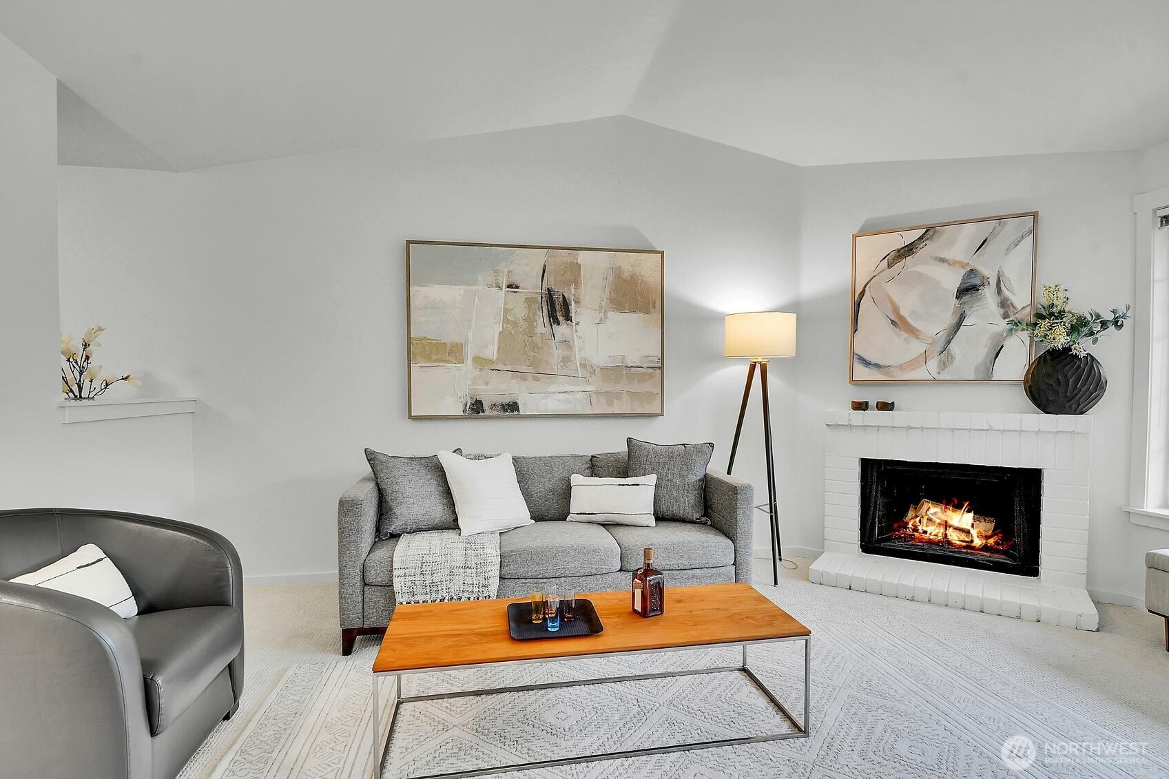 Living Room with Cathedral Ceilings & Wood Burning Fireplace