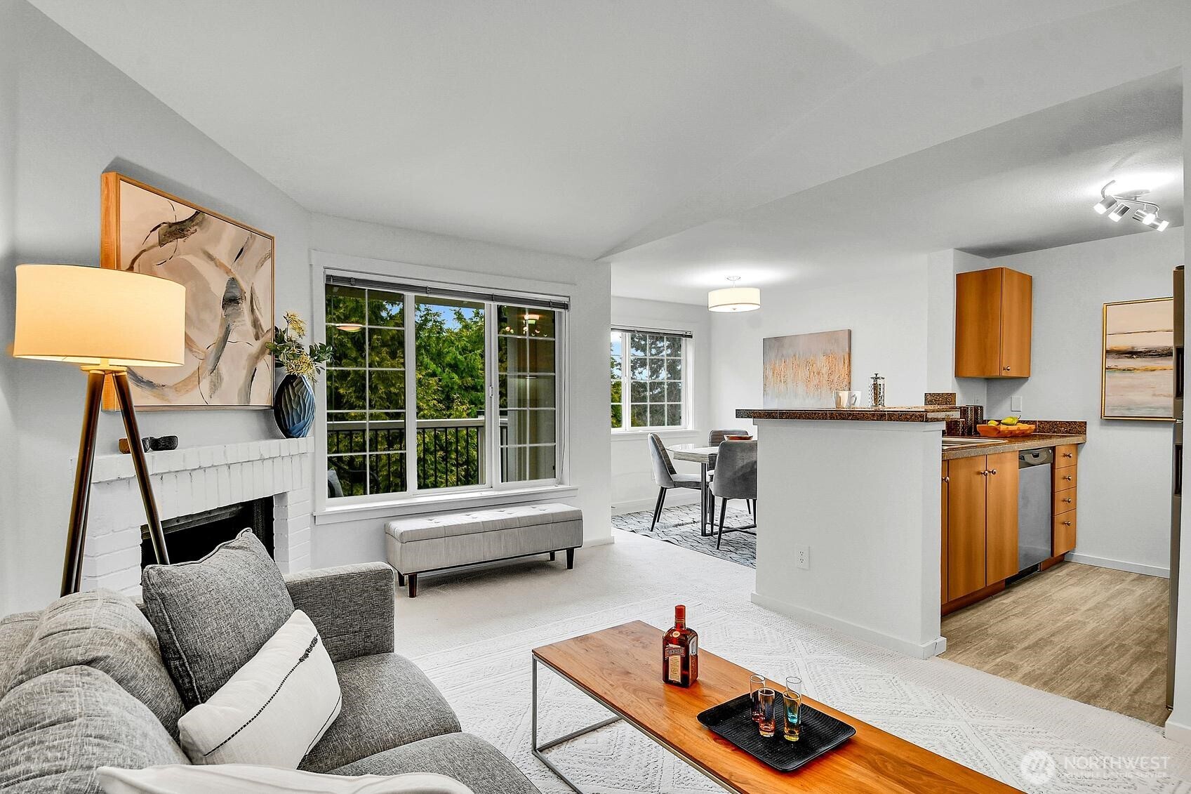 Living Room with Cathedral Ceilings & Wood Burning Fireplace