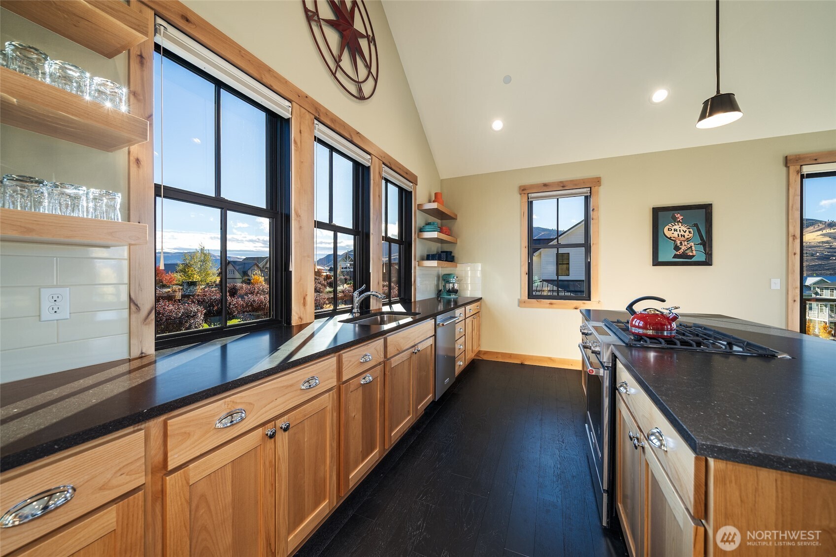Quartz countertops and knotty alder cabinets