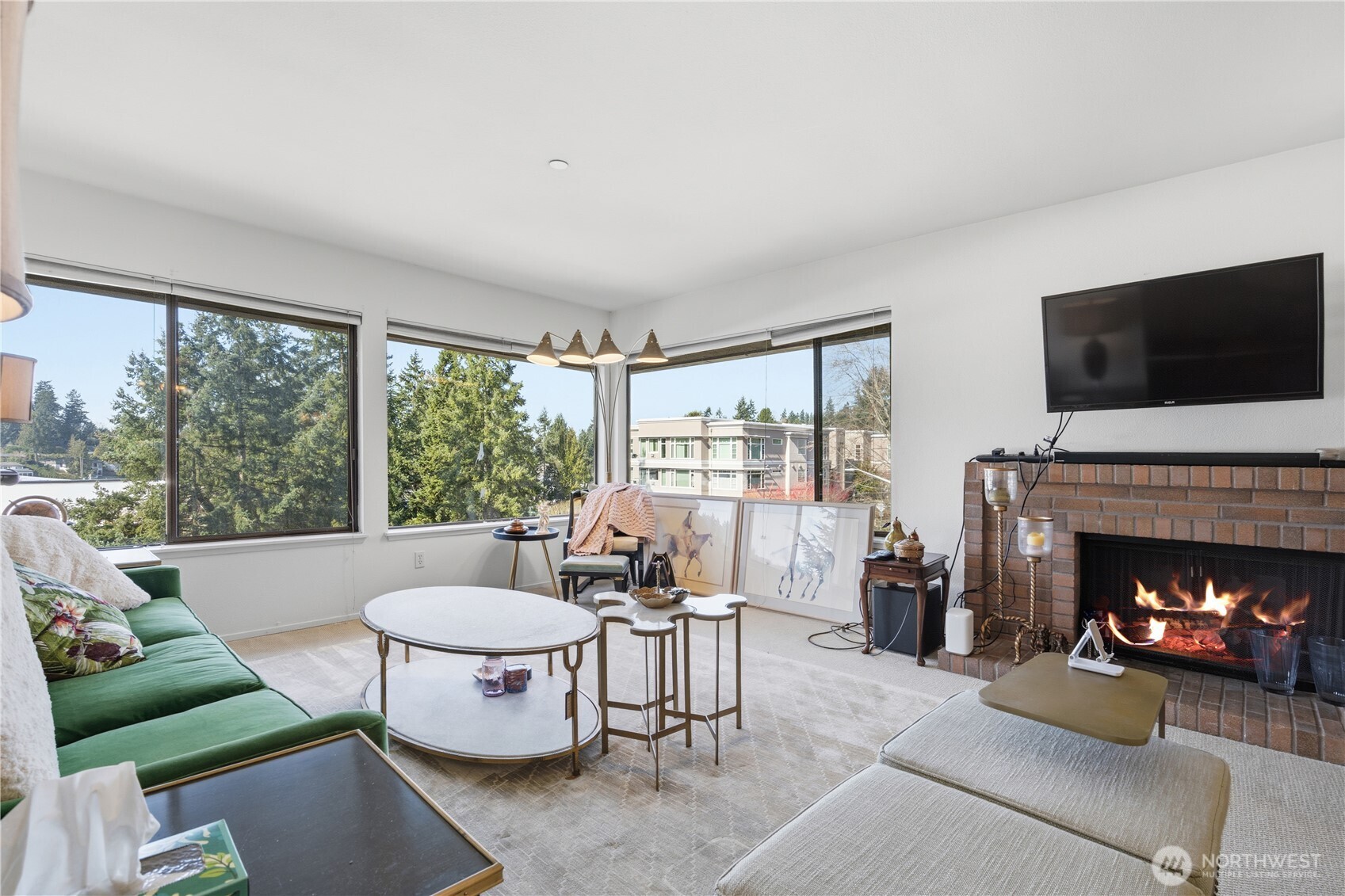 Top-Floor Corner Living Room with Gas Fireplace