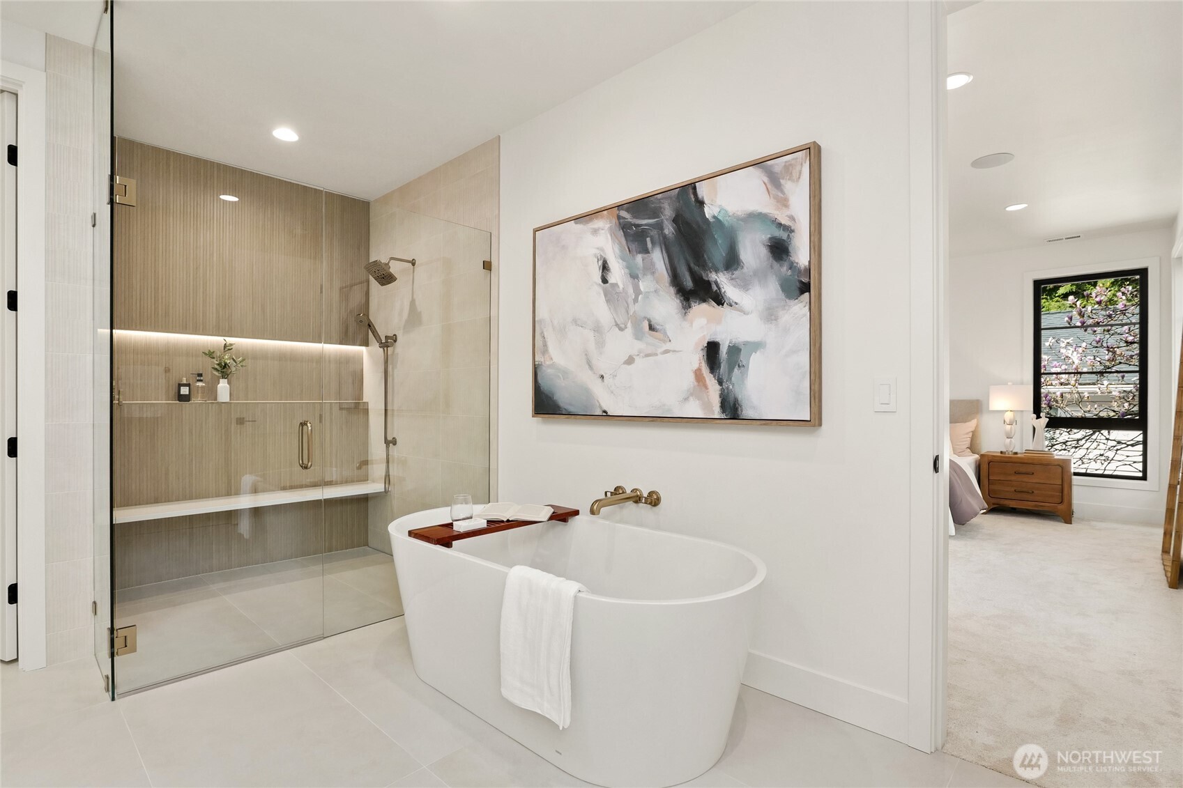 Frameless glass Shower with Level Stone Floor, Handheld and Full Length Shelf