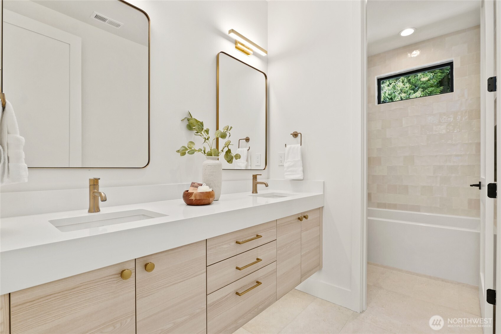 Full bath with Double Sinks and Floating Cabinet with Sensor Lighting