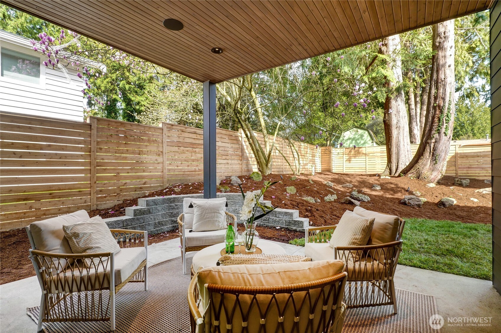 Covered Patio with In-Ceiling Speakers, Private Yard with Mature Landscaping