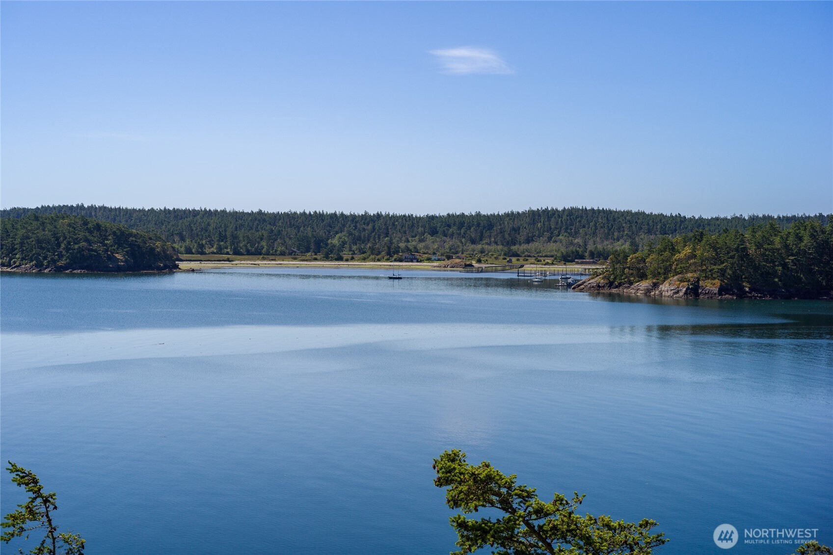 Looking into MacKaye Harbor toward Barlow Bay and the Barlow boat dock.